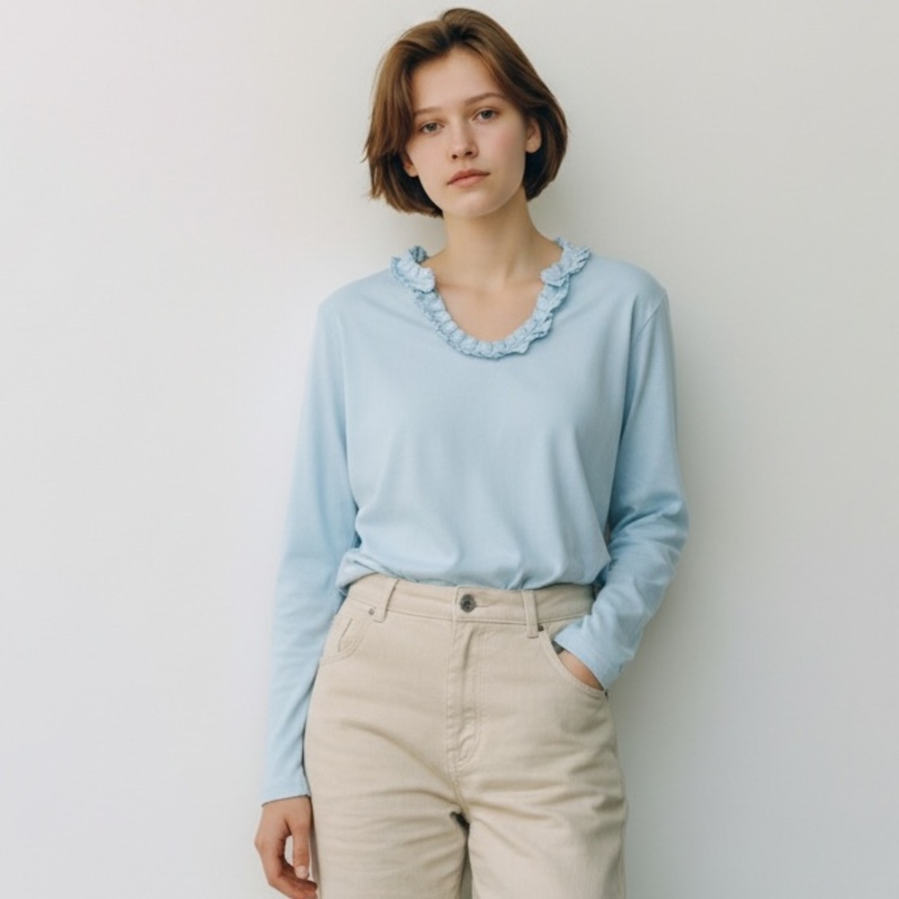 TALBOTS RUFFLE NECK LONG SLEEVE TOP LIGHT BLUE SIZE XP NEW WITH TAGS